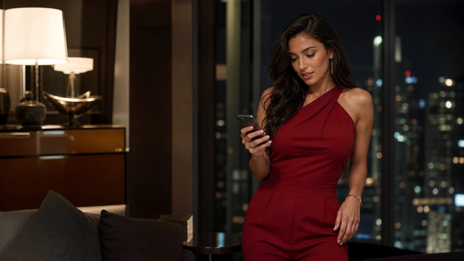 Glamorous young adult woman using an AI companion chat at night