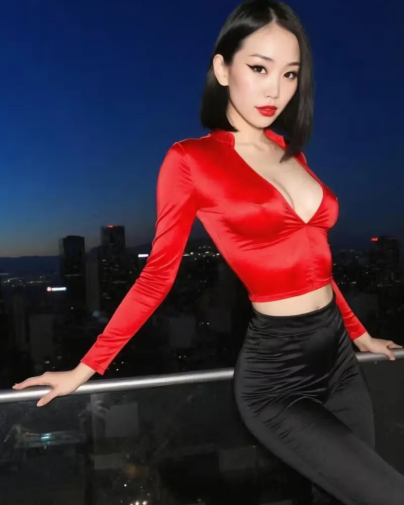 Stylish adult woman in a red satin top on a rooftop at night